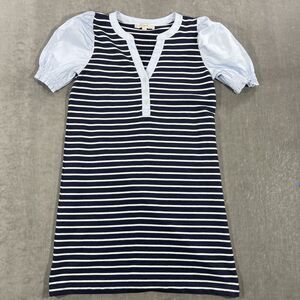 LOFT Women Small Navy White Stripe‎ T Shirt Dress Puff Sleeves